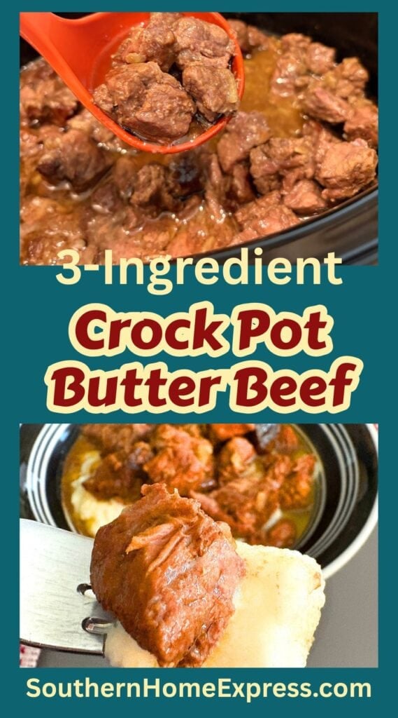 ladle of butter beef in a pot and bowl of butter beef over mashed potatoes