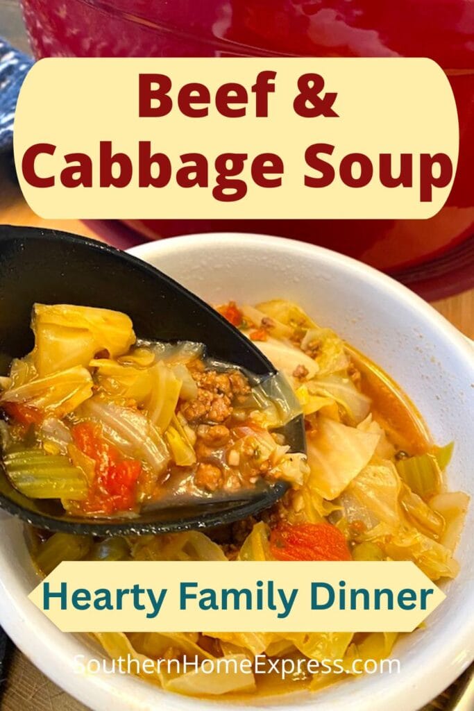 scooping beef and cabbage soup into a bowl