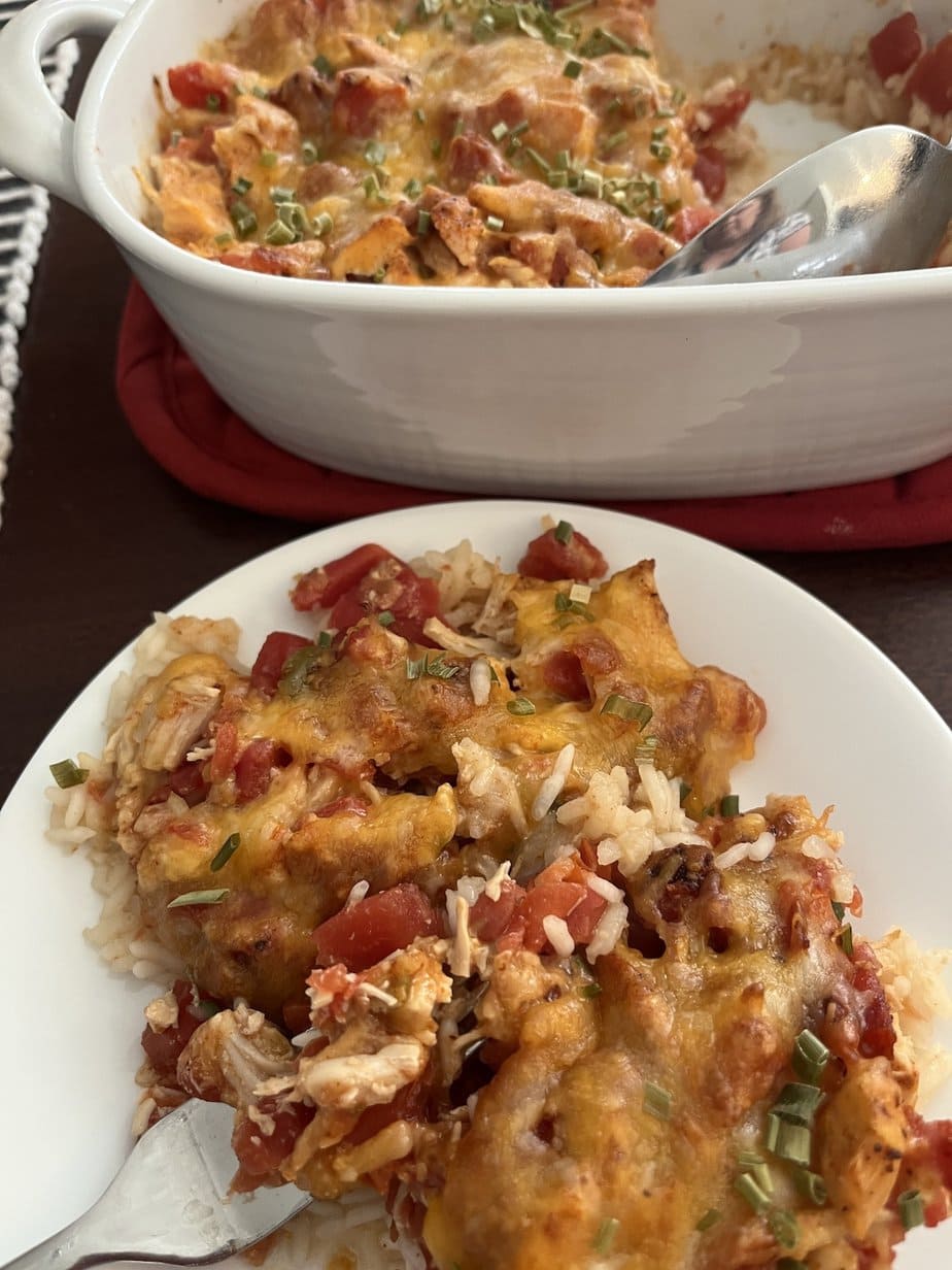 Pan and plate of cheesy Mexican chicken & rice casserole