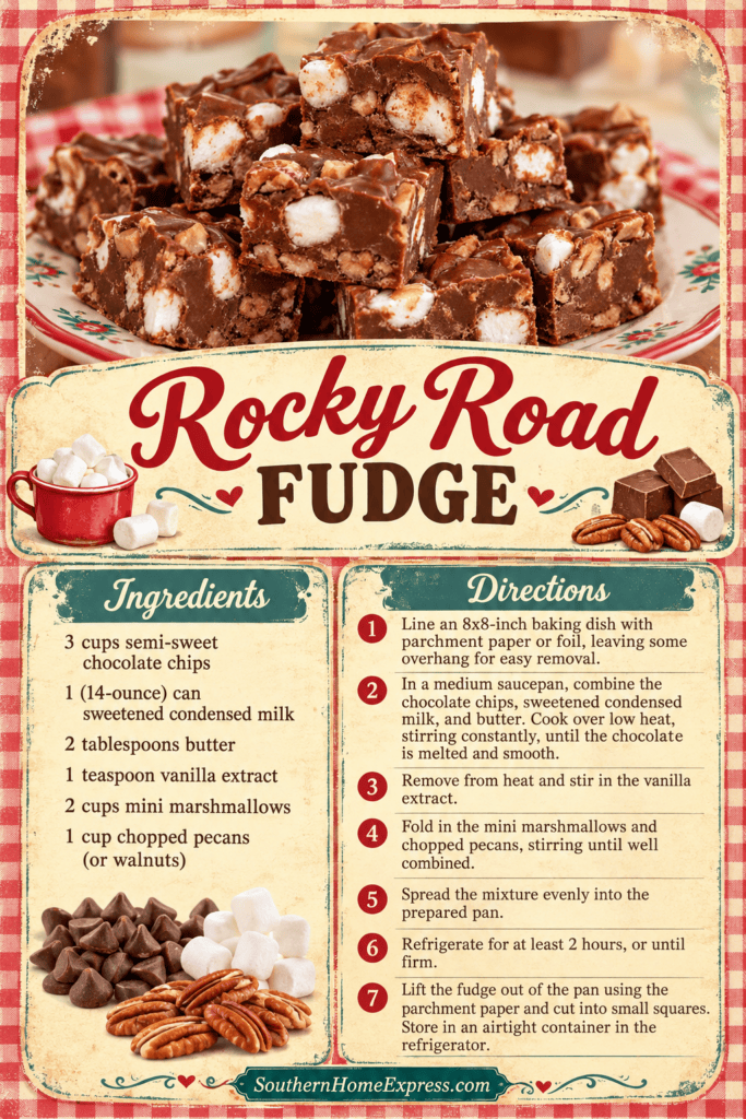 plate of rocky road fudge with list of ingredients and directions to make it