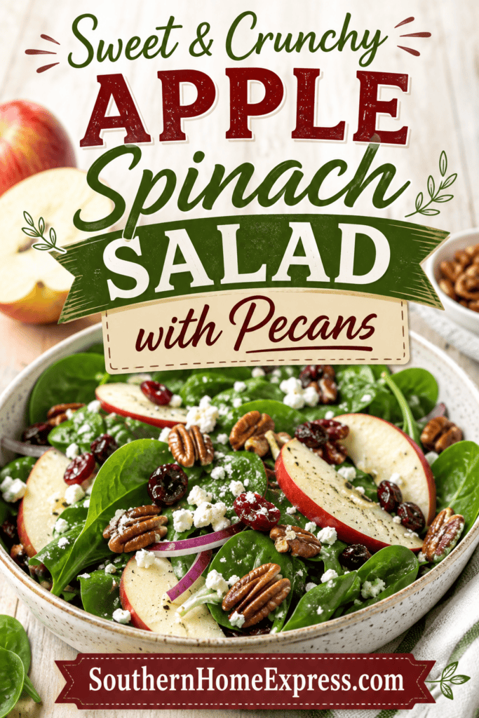 bowl of apple spinach salad with pecans and raisins