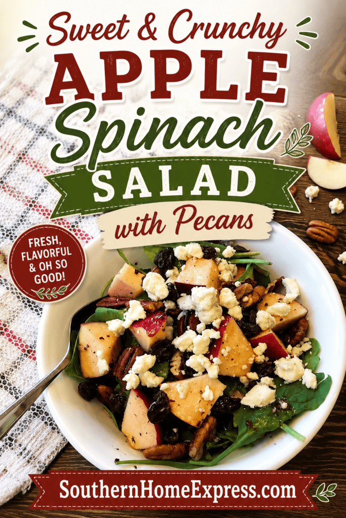 bowl of apple spinach salad with pecans, raisins, and feta cheese