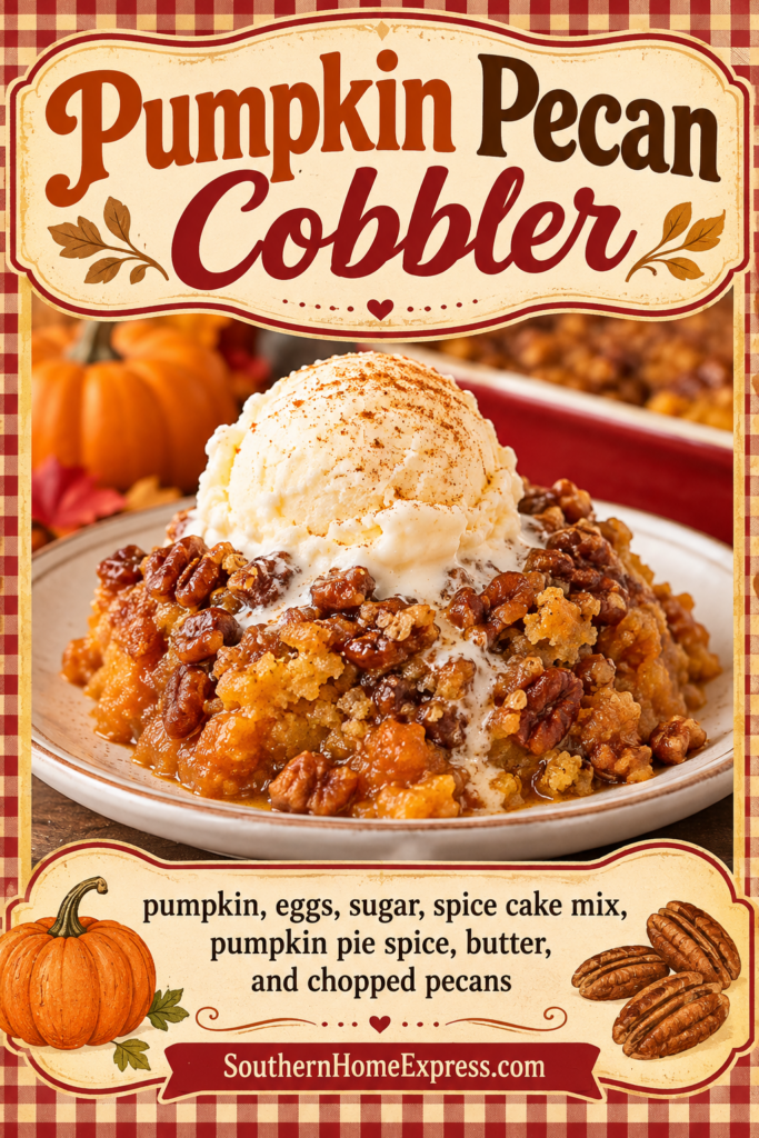 bowl of pumpkin pecan cobbler with list of ingredients