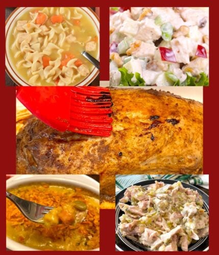 turkey in the center with a variety of chicken dishes that can be swapped to turkey