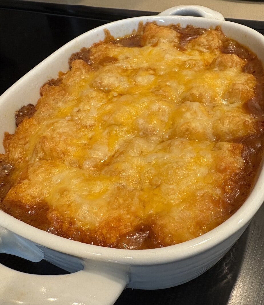 pan of chili cheese tater tot casserole for two
