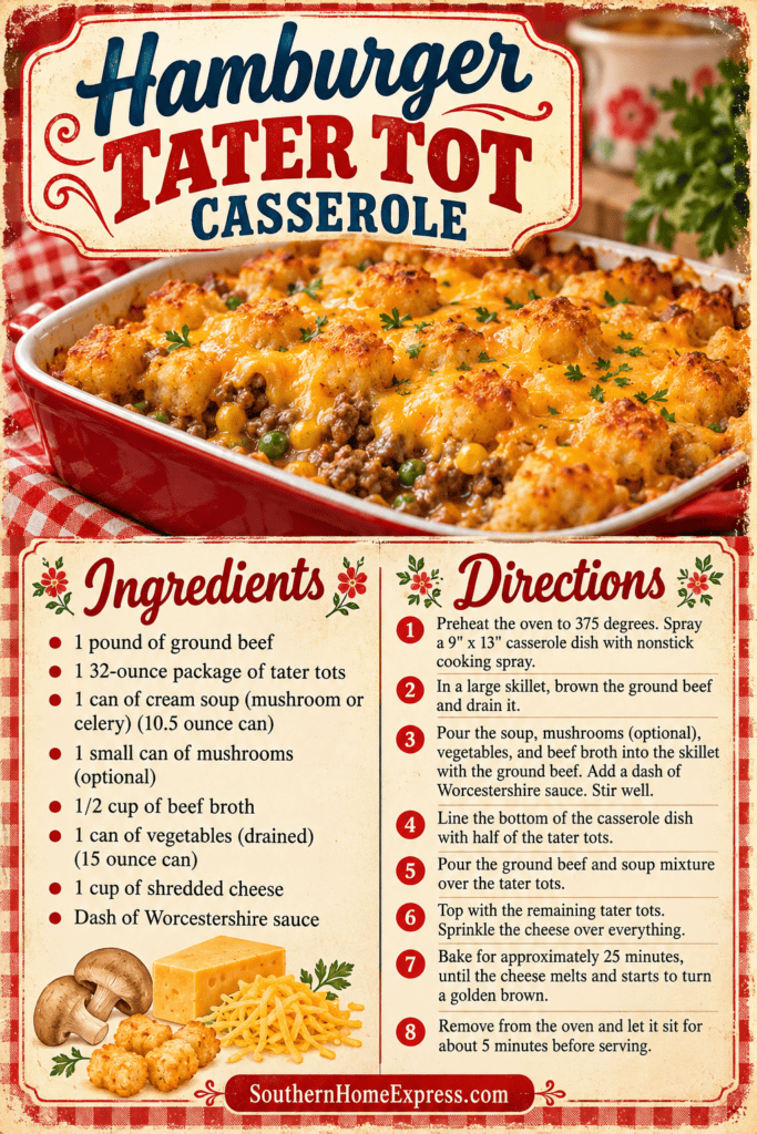 baking pan with hamburger tater tot casserole, with list of ingredients and directions
