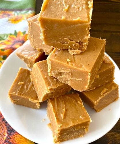 plate of 2-ingredient peanut butter fudge on a plate next to a sunflower towel