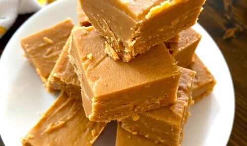 stack of 2-ingredient peanut butter fudge on a plate