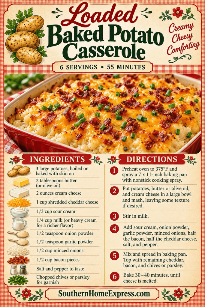 loaded baked potato casserole in a pan with ingredients list and directions