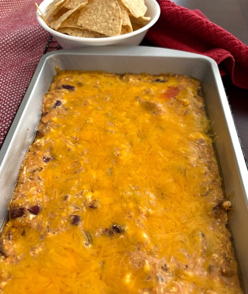 baked chili cheese dip in a pan