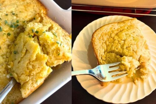 pan and plate of corn casserole with green chiles