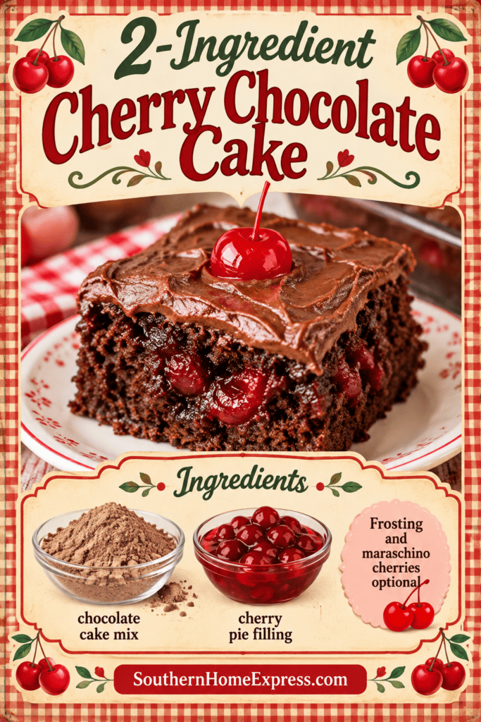 slice of cherry chocolate cake with ingredients below