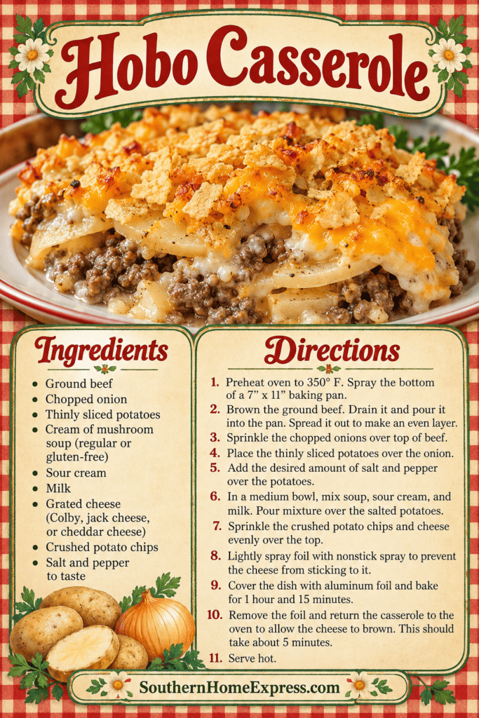 serving of hobo casserole on a plate with list of ingredients and directions