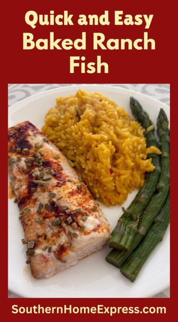 plate of baked ranch fish, yellow rice, and asparagus