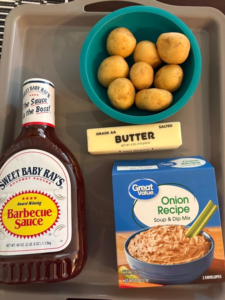 bbq sauce, potatoes, butter, and onion soup mix