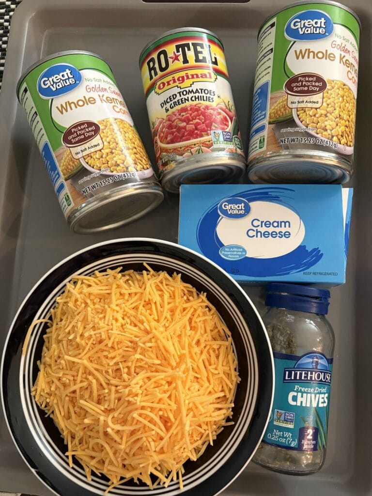 corn, Rotel, cream cheese, shredded cheddar cheese, and chives