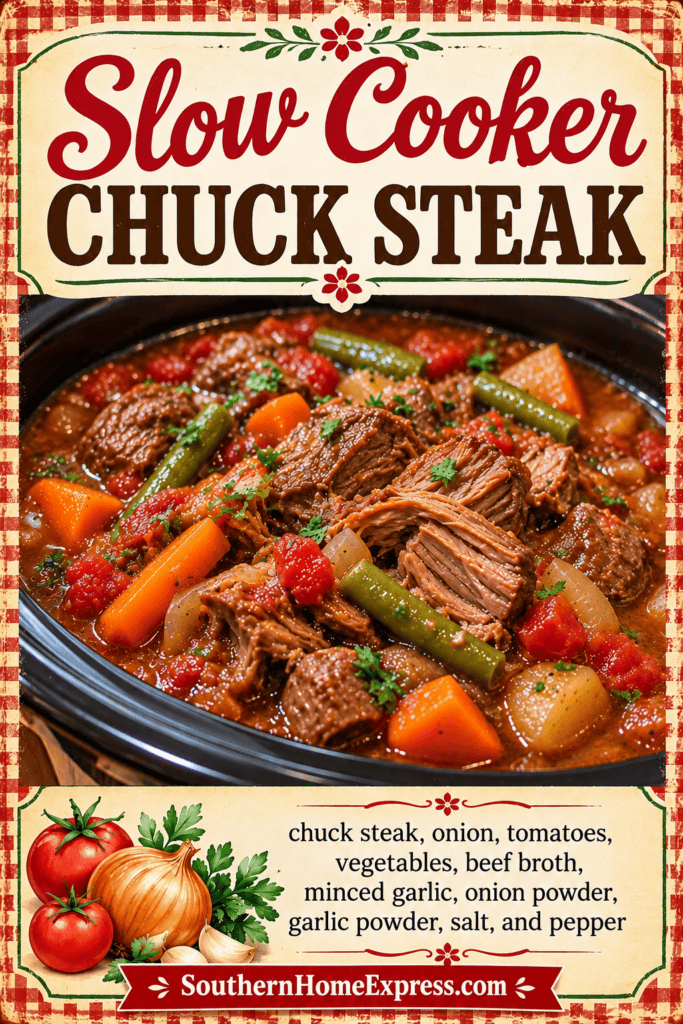 chuck steak and vegetables in a crockpot