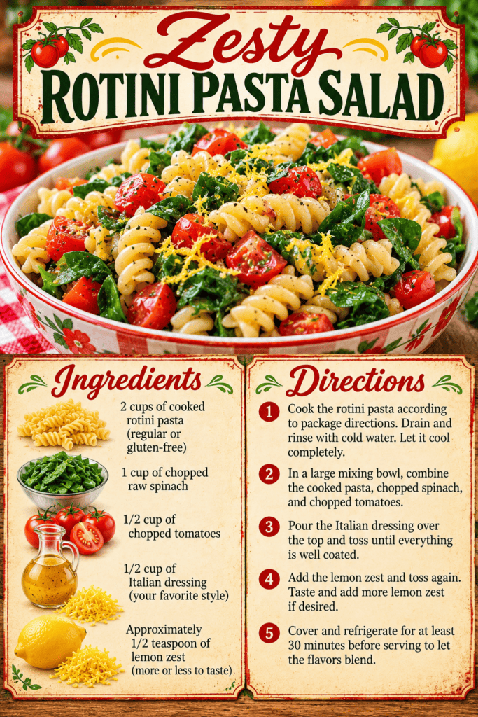 bowl of zesty rotini pasta salad with ingredients list and directions