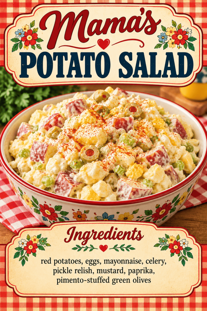 bowl of mama's potato salad with list of ingredients