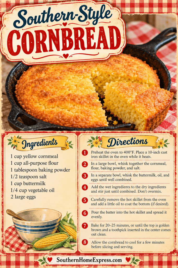 southern style cornbread in a pan with list of ingredients and directions